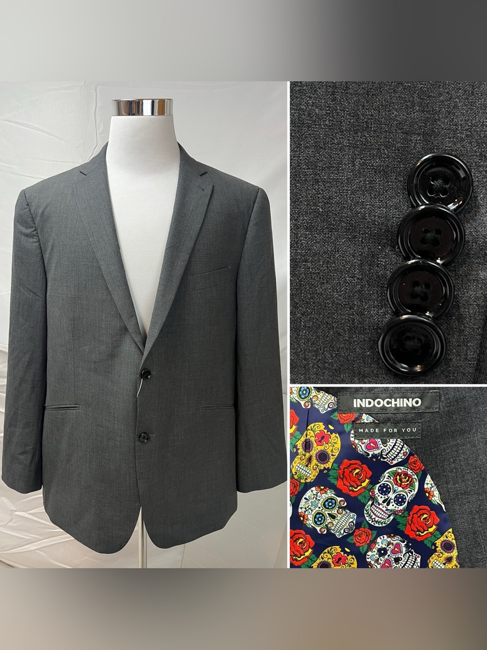 Men's INDOCHINO Custom 50L Gray 2-Button Wool Blend Blazer Jacket